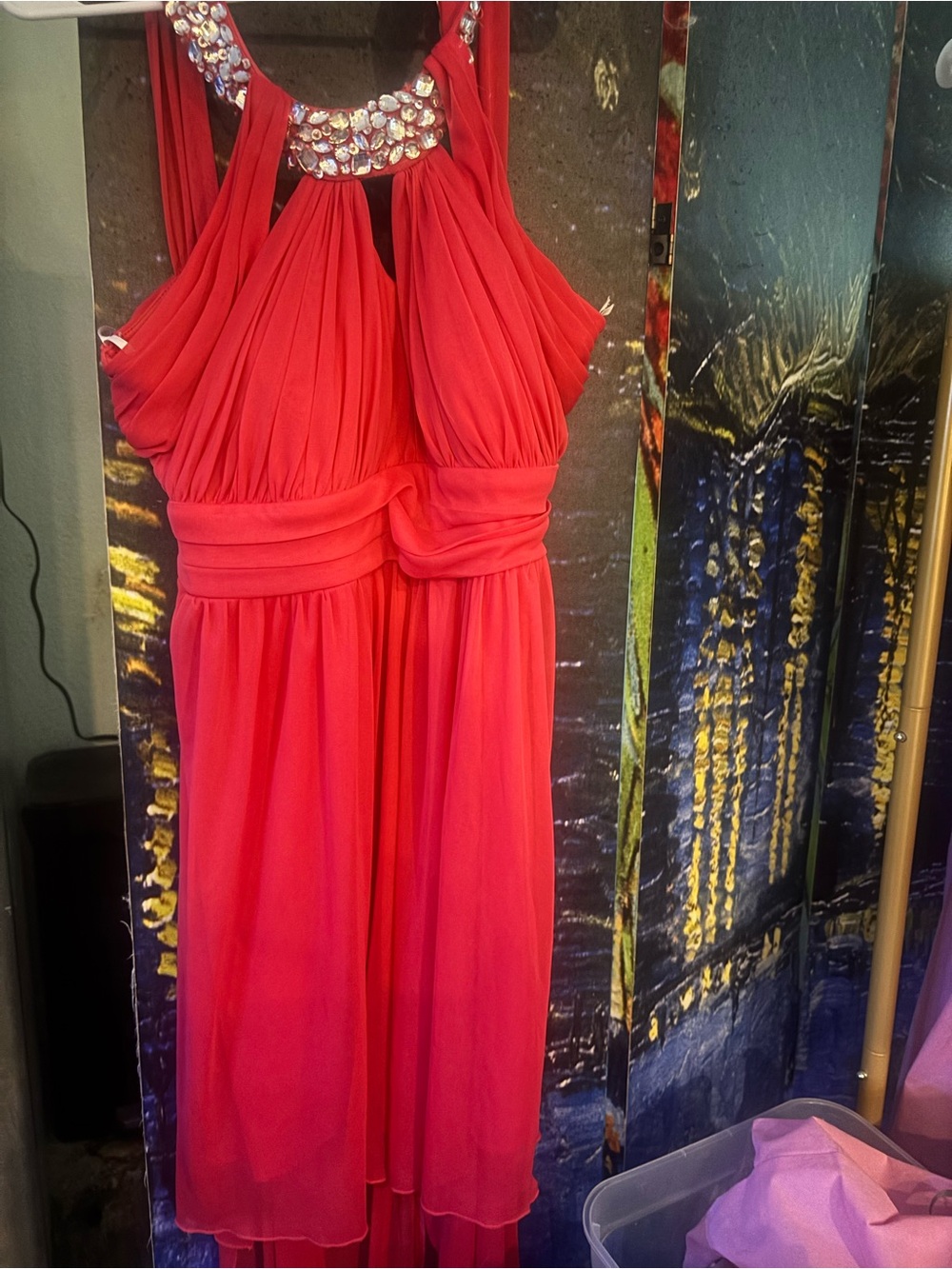 Red Embellished Halter Evening Dress